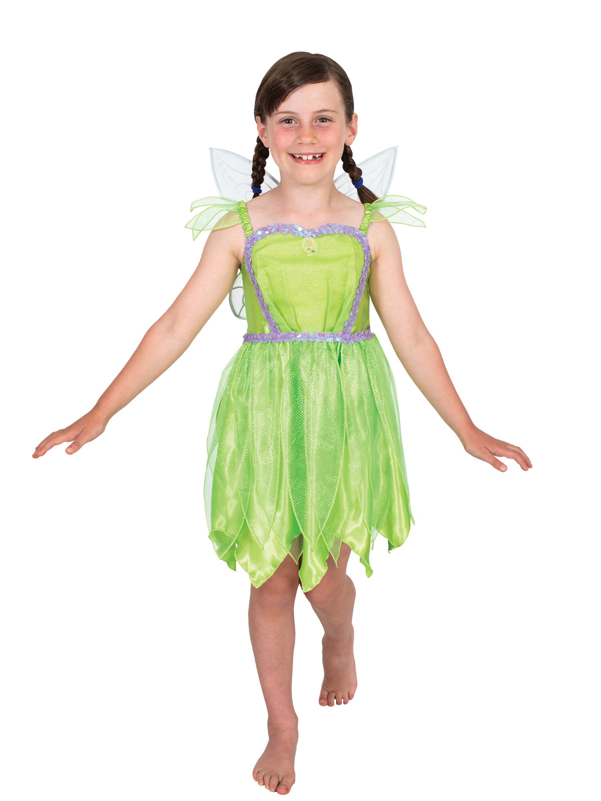 Girl wearing a green Tinker Bell tutu dress with leaf-style tulle skirt, sequin bodice and detachable wings