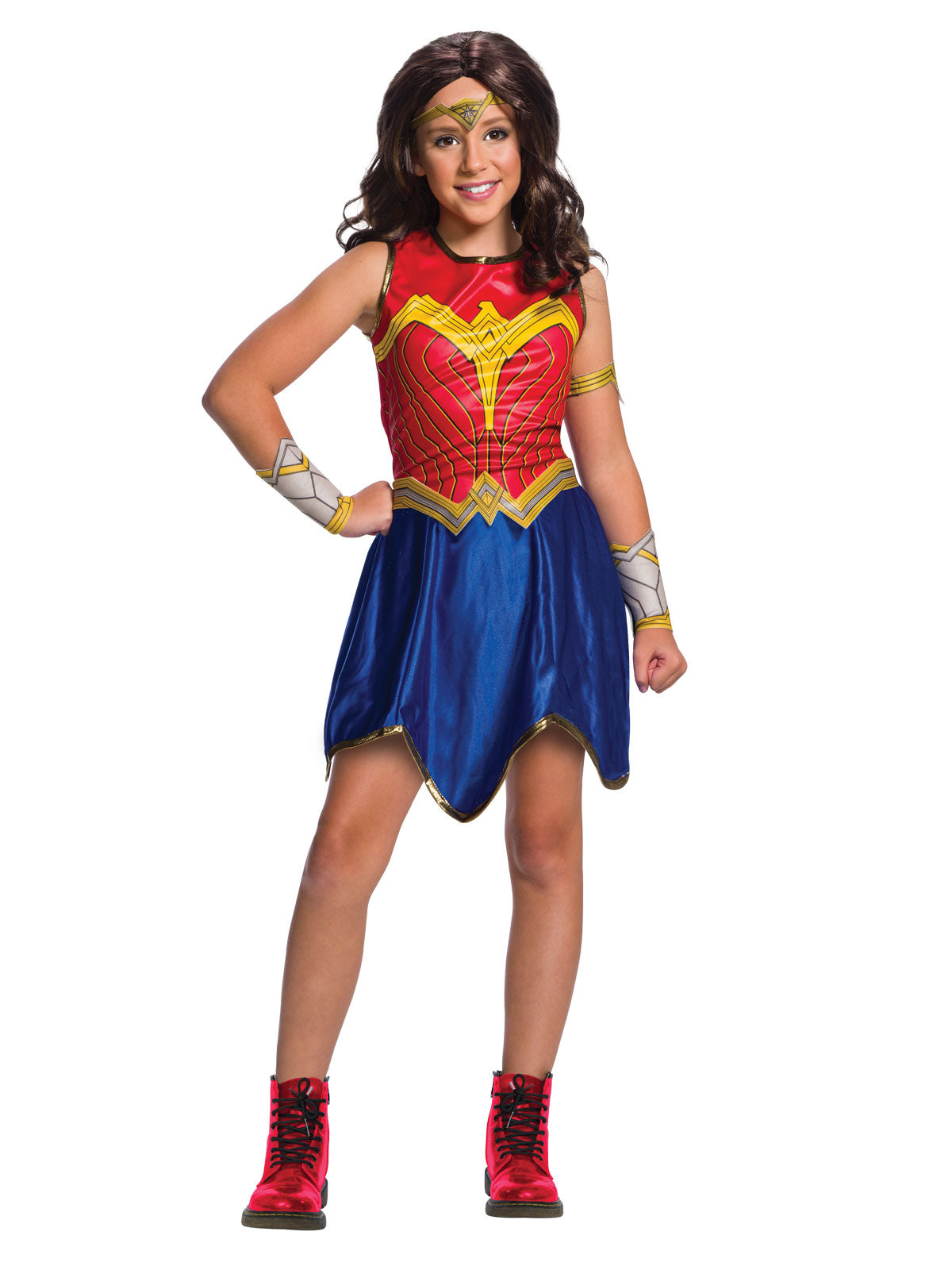 Girl wearing a Wonder Woman 1984 dress with printed logo bodice, jagged blue skirt, foam belt, tiara and gauntlets
