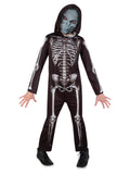 Child in a black hooded skeleton jumpsuit with printed bones and moulded skull mask