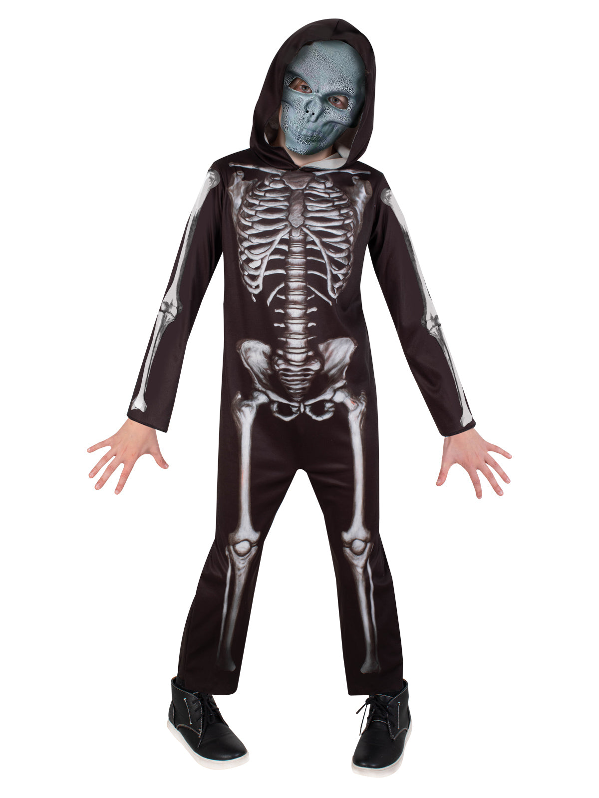 Child in a black hooded skeleton jumpsuit with printed bones and moulded skull mask