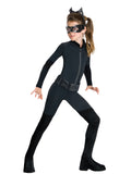 Girl in black Catwoman jumpsuit with belt, boot-top panels and cat-ear eye mask