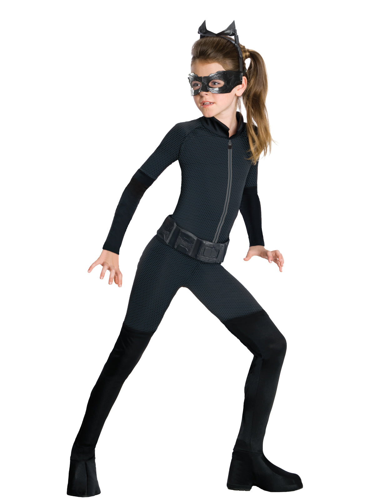 Girl in black Catwoman jumpsuit with belt, boot-top panels and cat-ear eye mask