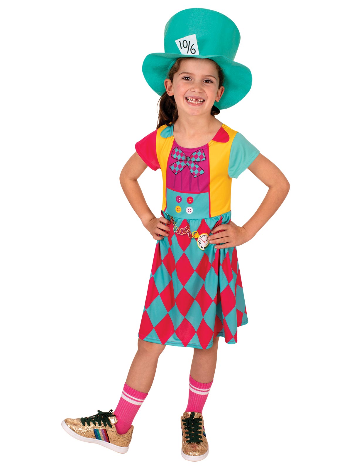 Girl in the Disney Mad Hatter Classic dress with a clock print, diamond skirt and teal felt top hat