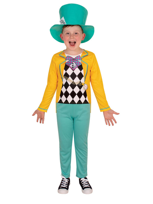 Boy in the Disney Mad Hatter Classic costume with a yellow printed top, teal pants and teal felt top hat