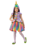Girl wearing a lilac velour unicorn dress with rainbow glitter tulle skirt and hood with rainbow mohawk and gold horn