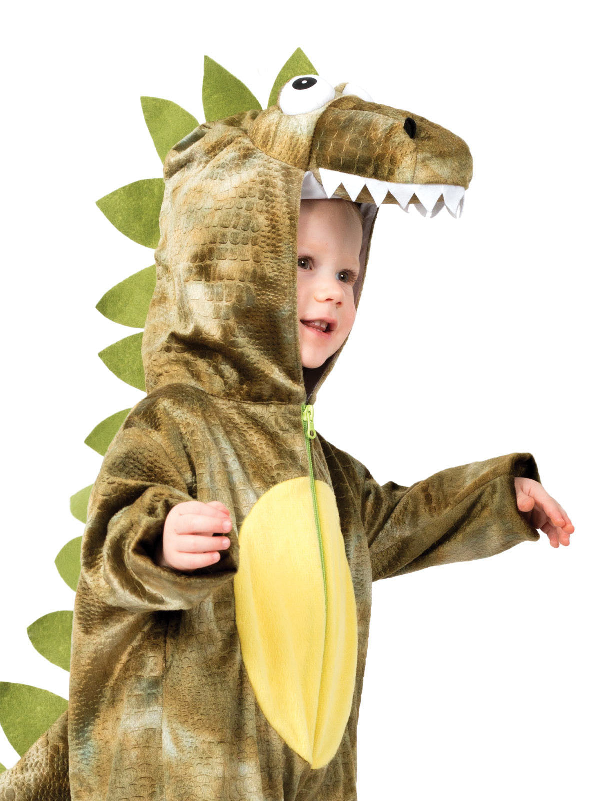 Close-up of the Roarin' Rex dinosaur hood with 3D teeth, eyes and felt scales