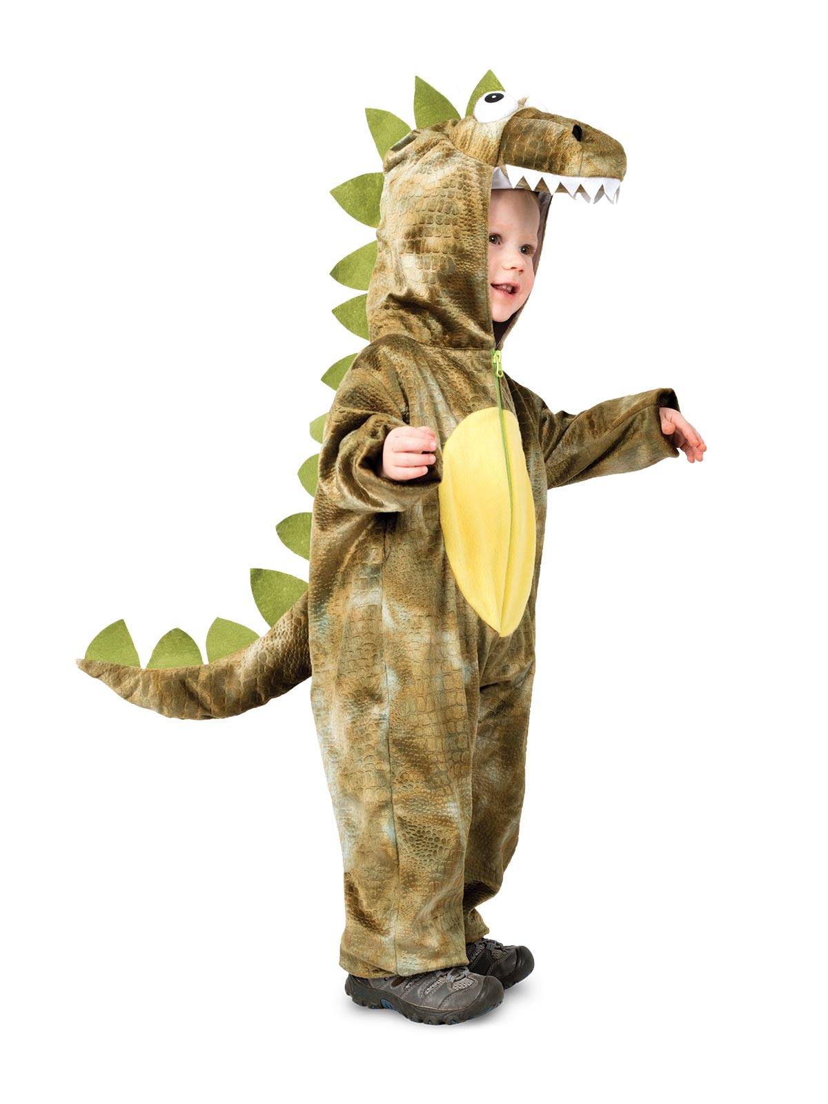 Toddler in a green plush dinosaur jumpsuit with toothy dinosaur hood, yellow belly and spiky tail