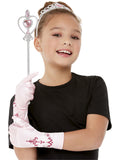 Girl with a silver tiara, silver wand with pink gem and pink glitter print gloves