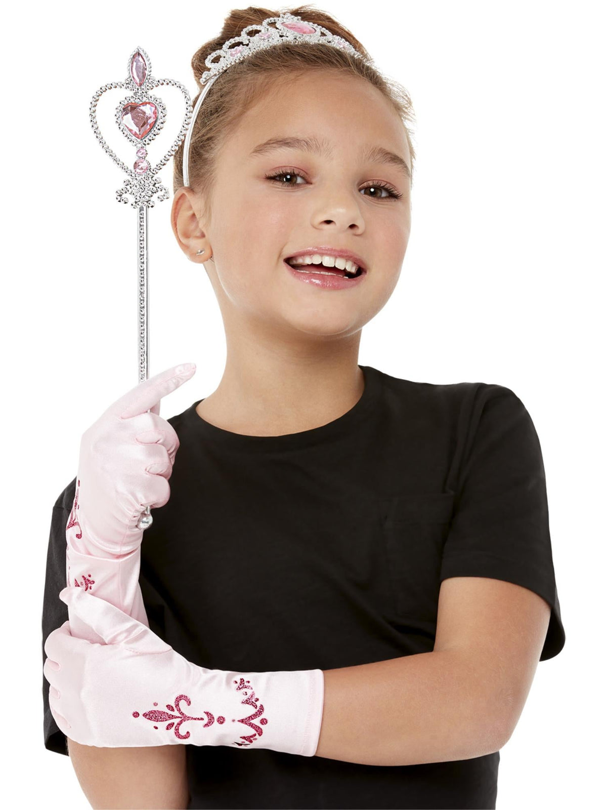 Girl with a silver tiara, silver wand with pink gem and pink glitter print gloves