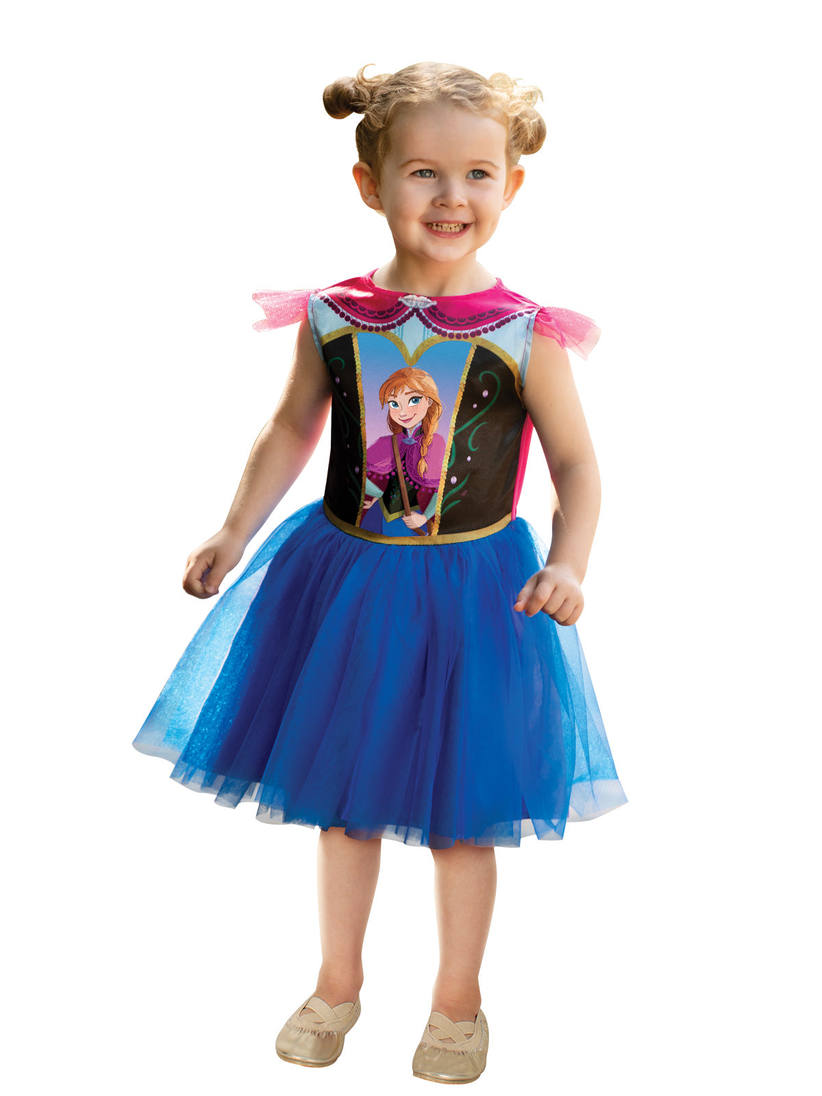 Toddler girl in Frozen Anna dress with blue tulle skirt, black character-print bodice and pink ruffle sleeves