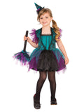 Girl in green and purple witch tutu dress with mini witch hat headband and glittery broomstick