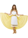Woman in a white Grecian dress holding out a long pleated gold Grecian cape