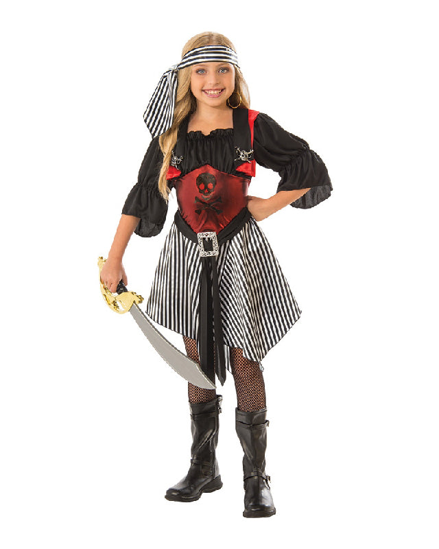 Girl in crimson pirate dress with red corset bodice, black sleeves, check skirt and headscarf