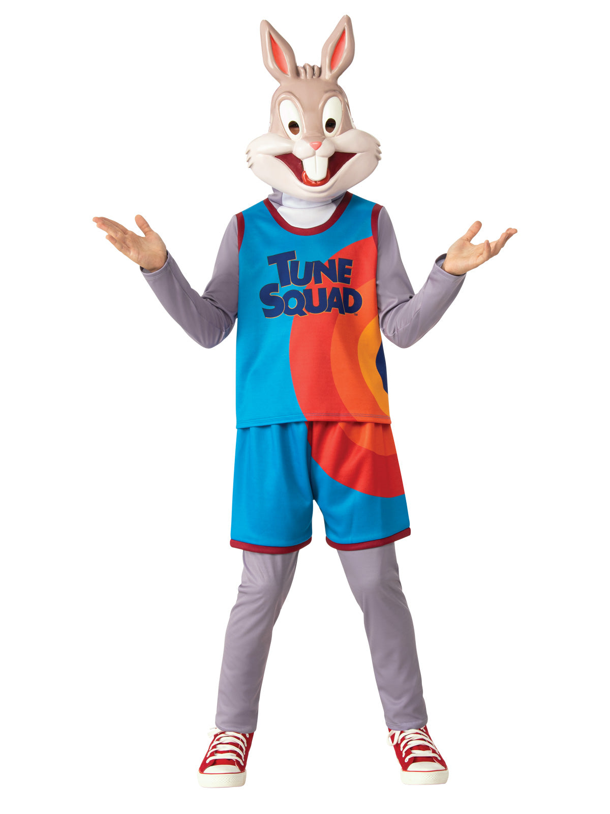 Boy in Space Jam Tune Squad Bugs Bunny costume with blue jersey, shorts, grey leggings and mask