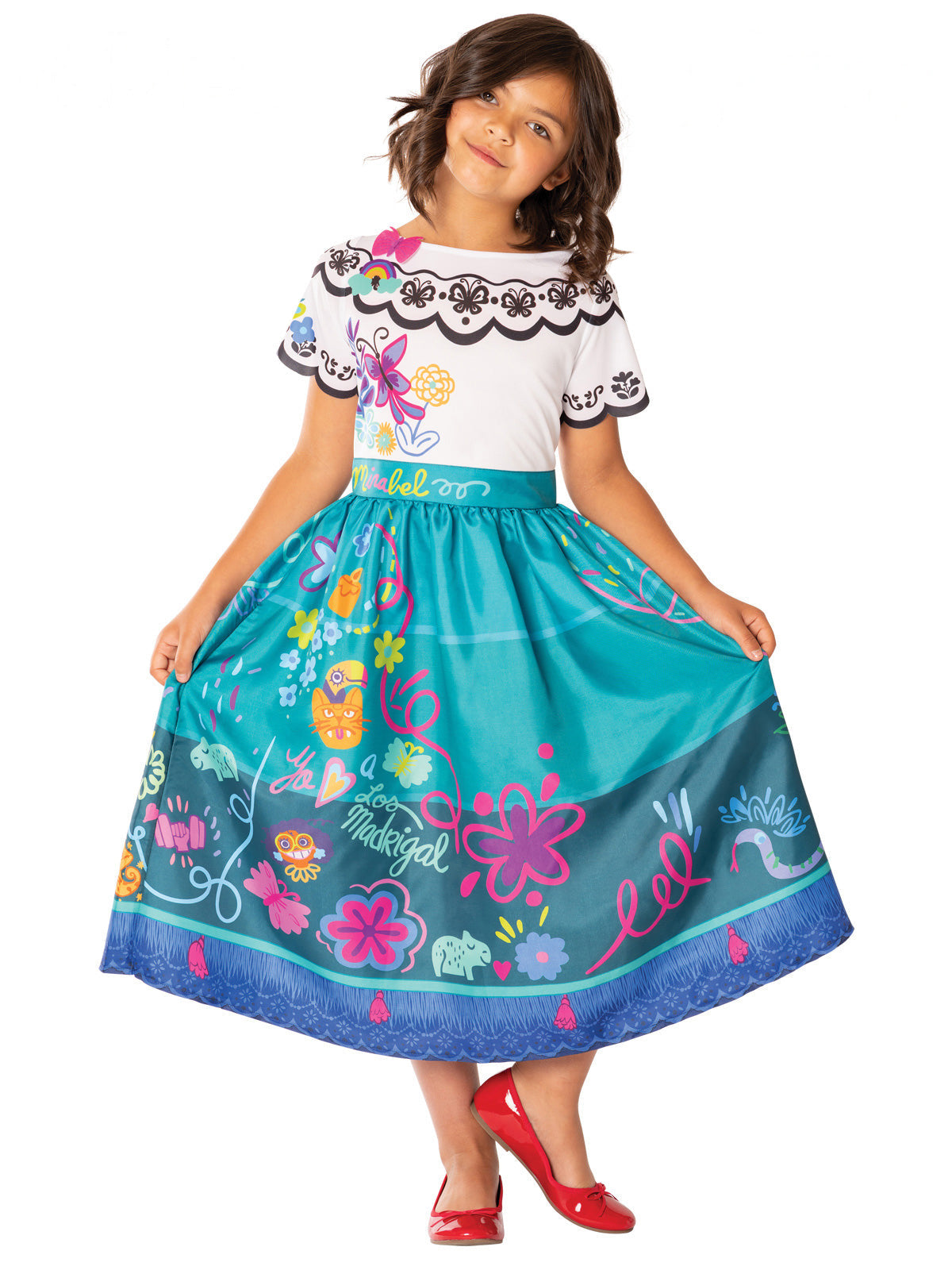 Girl in the Disney Encanto Mirabel dress with an embroidered-look white top and long teal floral skirt
