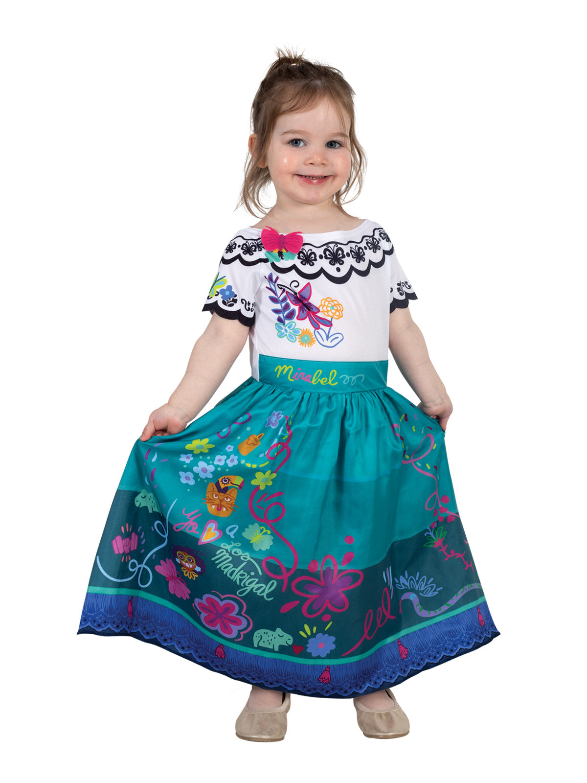 Toddler in the Disney Encanto Mirabel dress with a white butterfly collar top and teal floral skirt