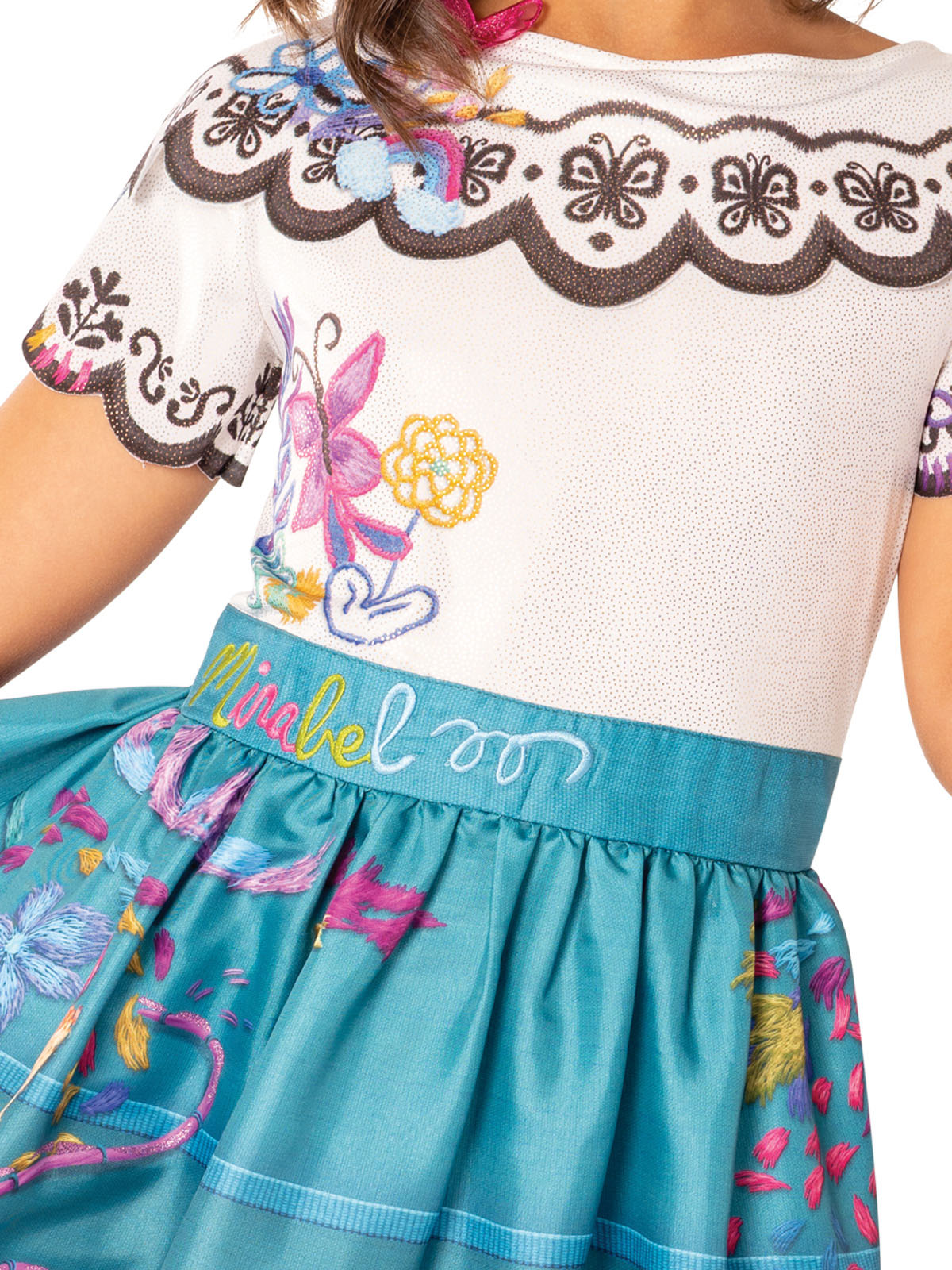 Close-up of the Mirabel Deluxe dress bodice with butterfly corsage and scalloped yoke