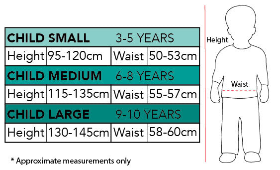 Size chart for the Mirabel Deluxe Encanto Costume, Ages 3–8, Child