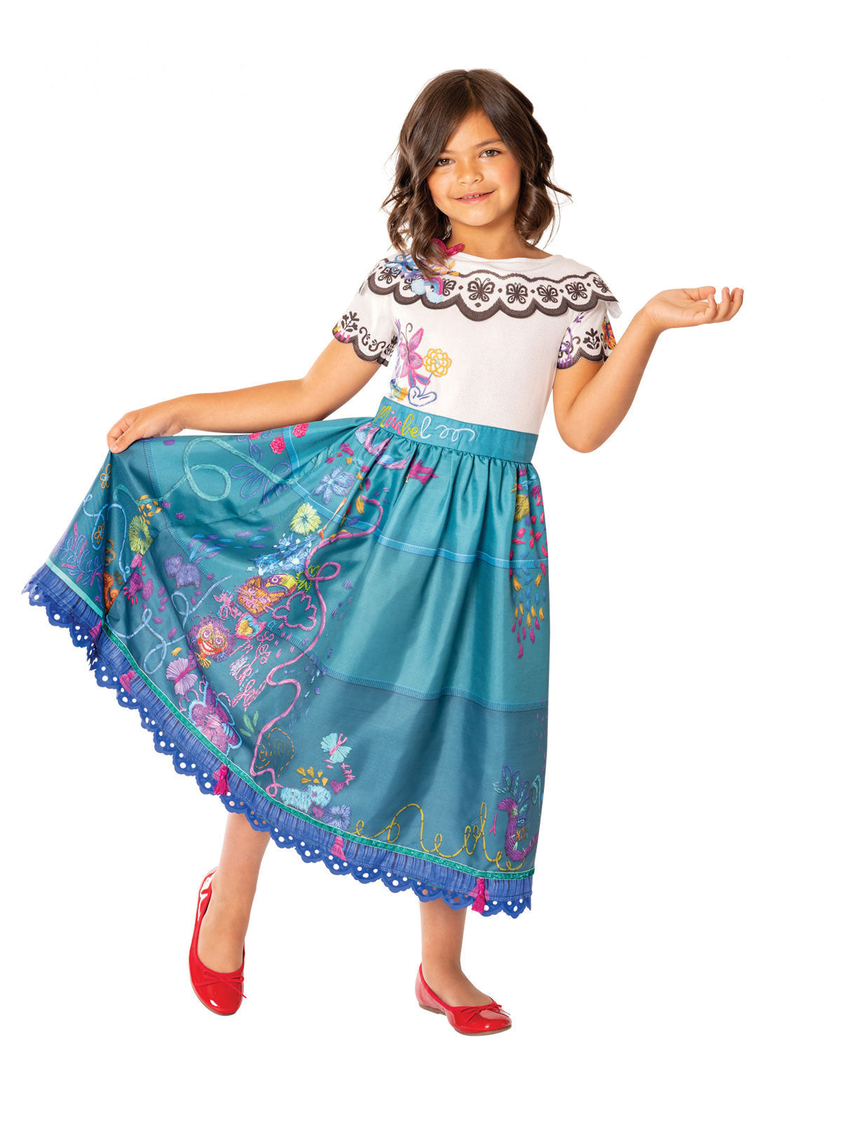 Girl in the Disney Encanto Mirabel Deluxe dress with a white embroidered-look bodice and teal floral skirt