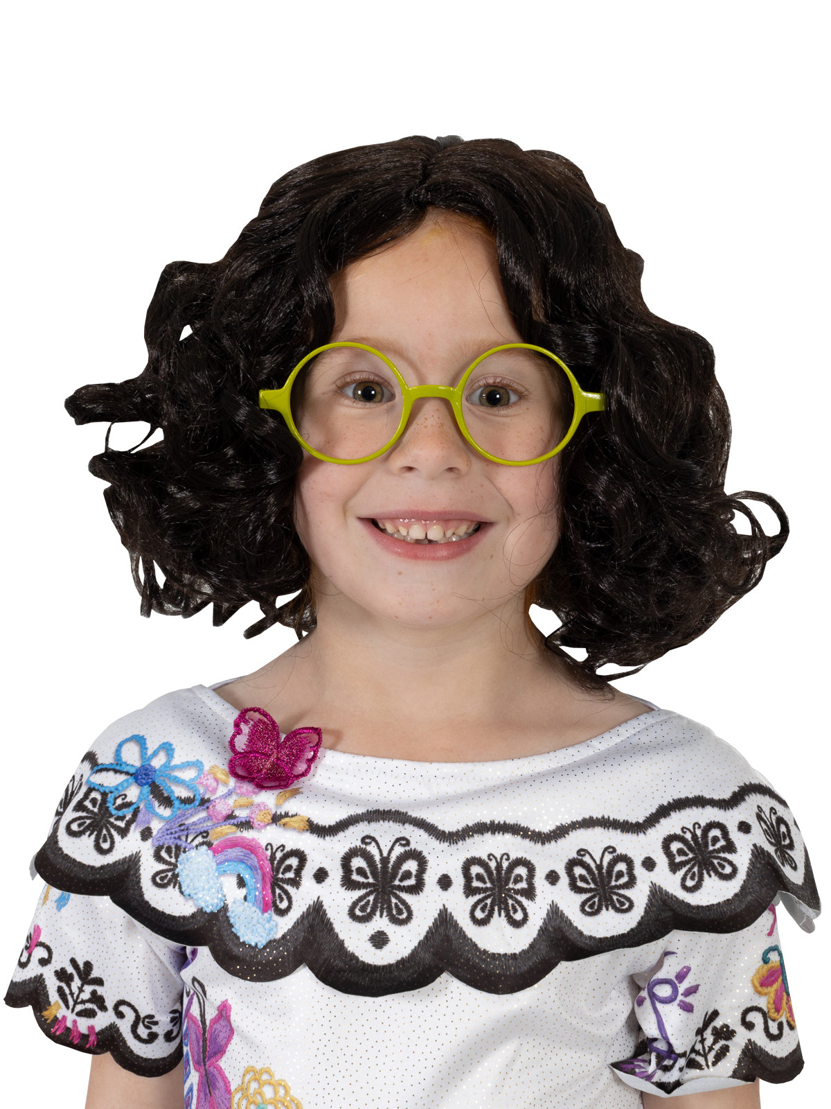 Girl wearing lime green Mirabel Encanto glasses