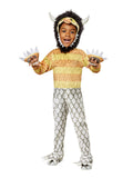 Toddler in a Where the Wild Things Are Carol jumpsuit with striped fur torso, scaly legs, claws and horned headpiece