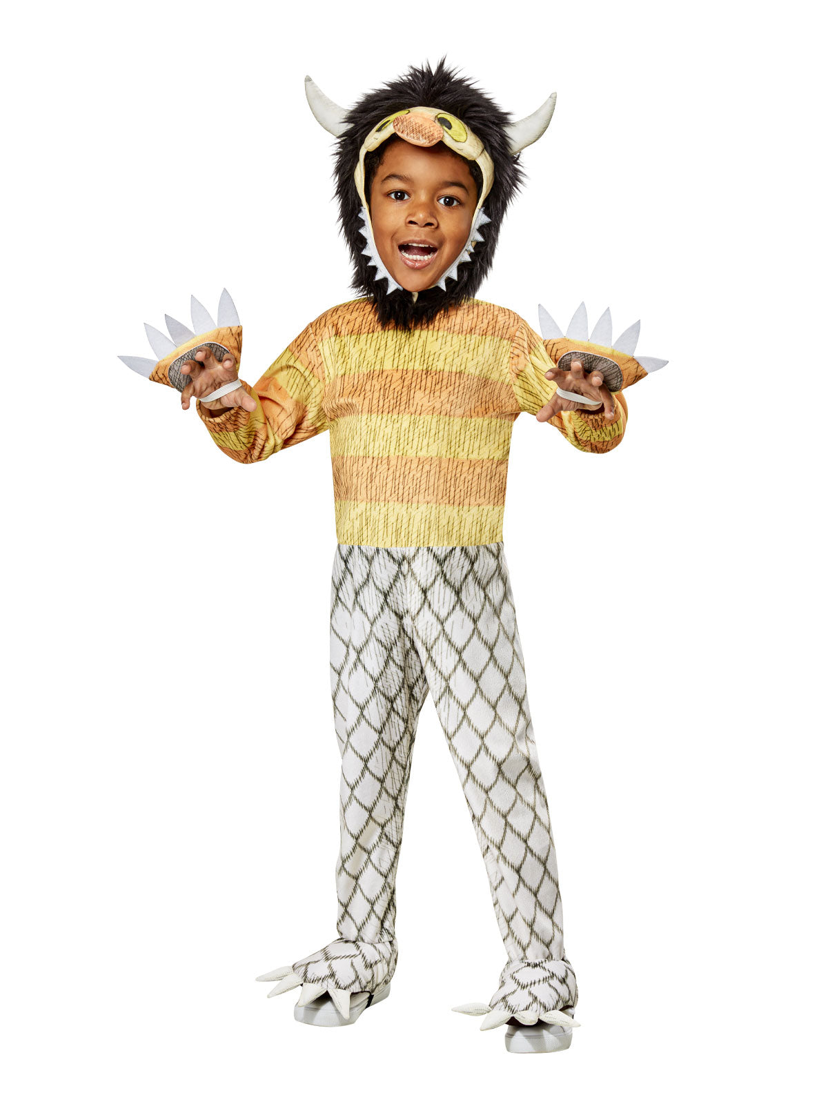 Toddler in a Where the Wild Things Are Carol jumpsuit with striped fur torso, scaly legs, claws and horned headpiece