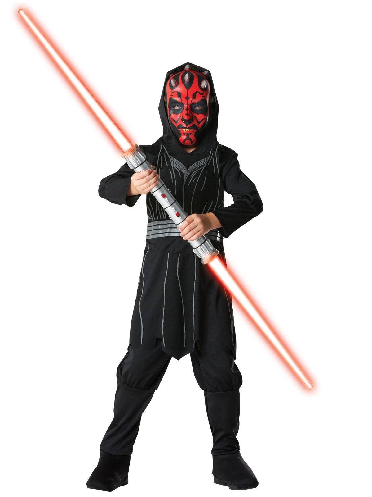 Boy in Star Wars Darth Maul hooded tunic, black pants with boot tops and red and black mask