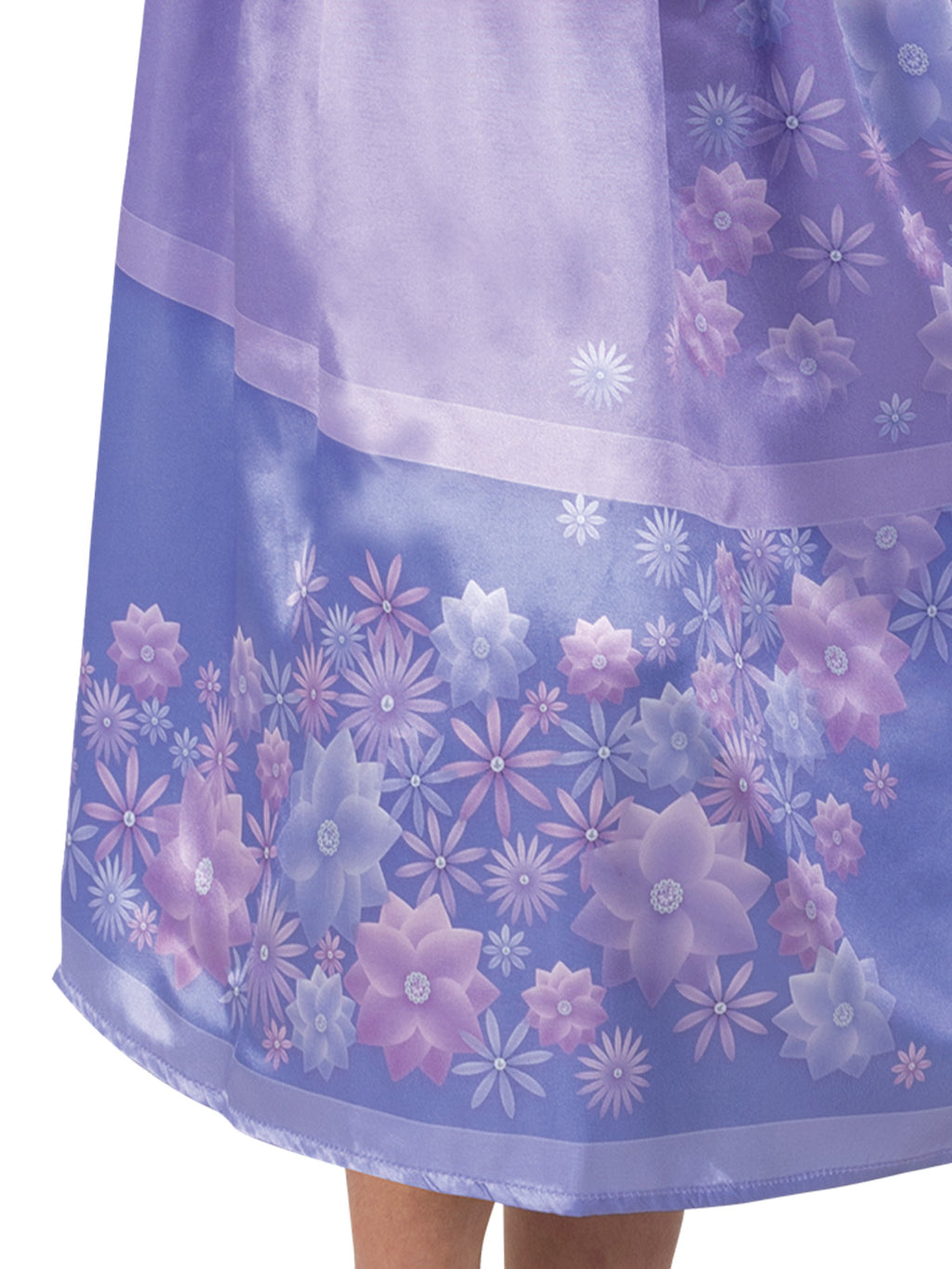 Close-up of the Isabela Classic dress skirt with a pink and lilac flower print hem