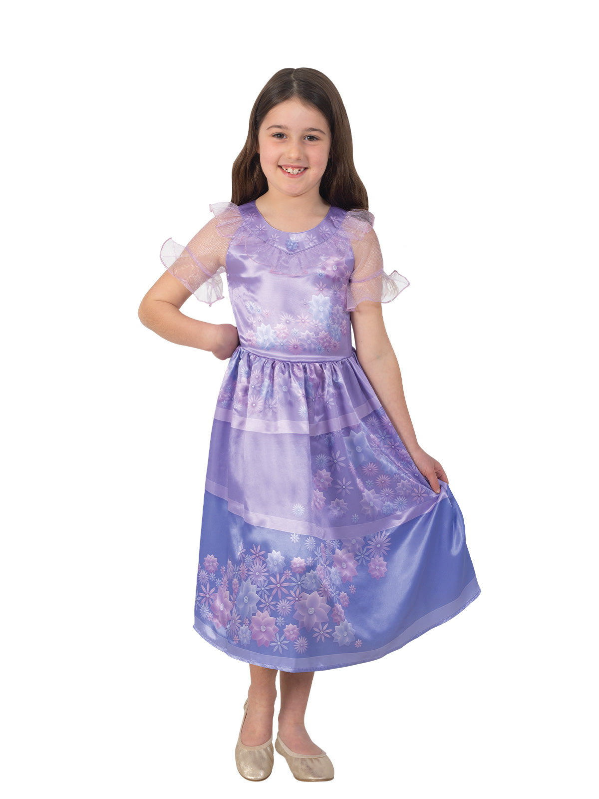 Girl in the Disney Encanto Isabela Classic dress, lilac with sheer sleeves and a floral print skirt