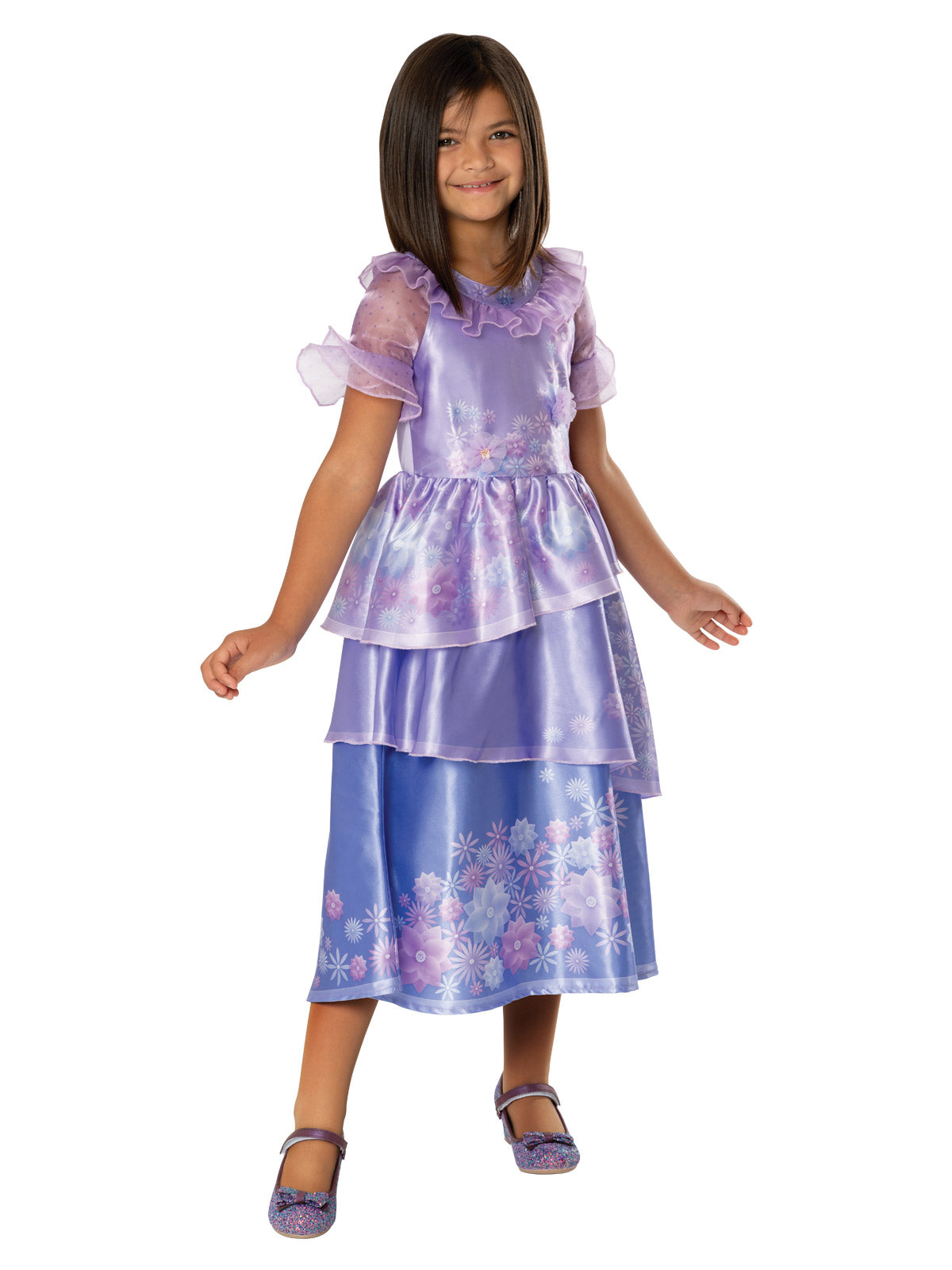 Girl in the Disney Encanto Isabela Deluxe dress with a floral lilac bodice, organza sleeves and tiered skirt