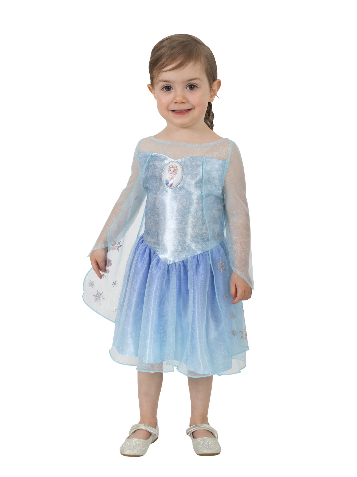 Toddler girl in Elsa tutu dress with shimmery bodice, blue tulle skirt and cape