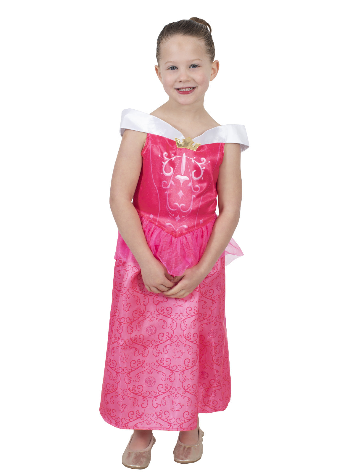 Front view of the pink Aurora Filagree dress with white collar, tulle peplum and crown detail