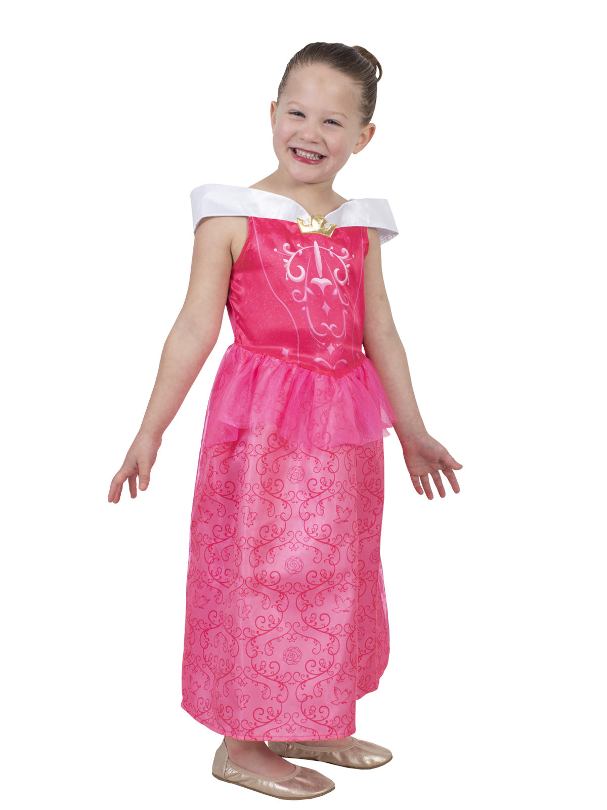 Side view of the pink Aurora Filagree dress with white off-shoulder neckline