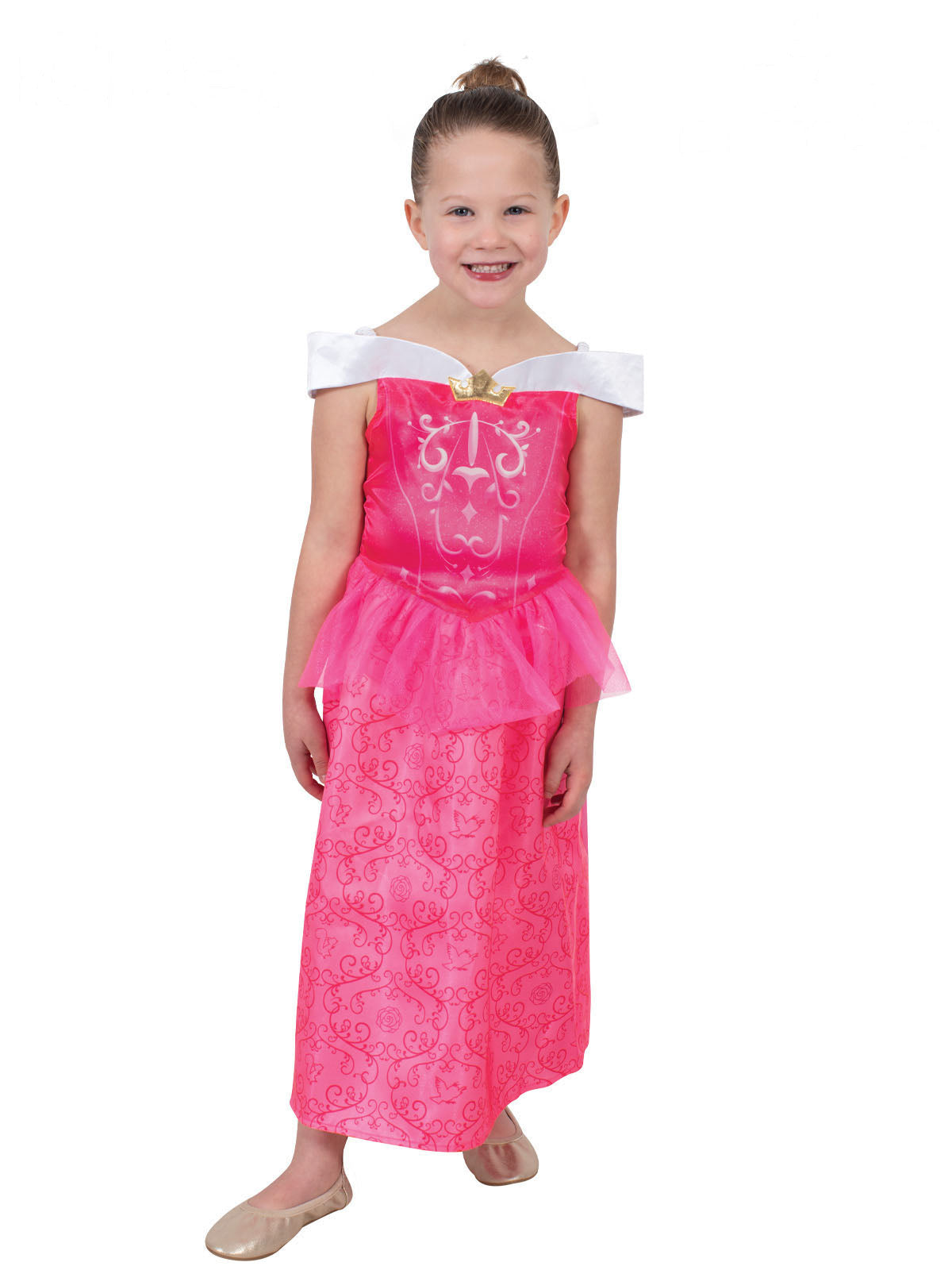 Girl in pink Aurora Filagree dress with white off-shoulder neckline and printed pink skirt