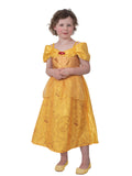 Girl in yellow and gold Belle satin dress with off-shoulder neckline and printed skirt
