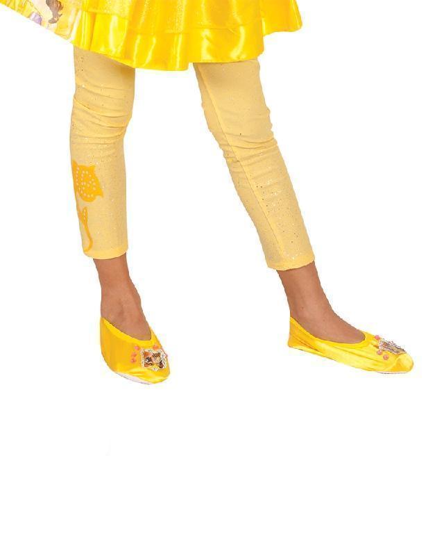 Girl's legs in pale yellow glitter footless Belle tights with a rose design