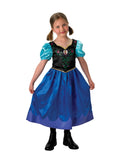 Girl in full-length Frozen Anna dress with blue satin skirt, black floral bodice and teal puff sleeves