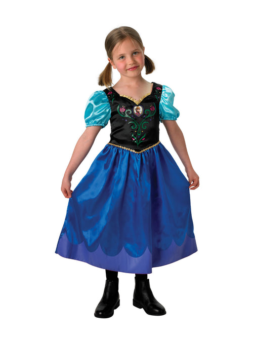 Girl in full-length Frozen Anna dress with blue satin skirt, black floral bodice and teal puff sleeves