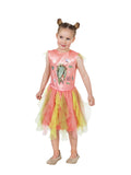 Girl in the May Gibbs Gumnut Babies tutu dress with an apricot printed bodice and green and yellow tulle skirt