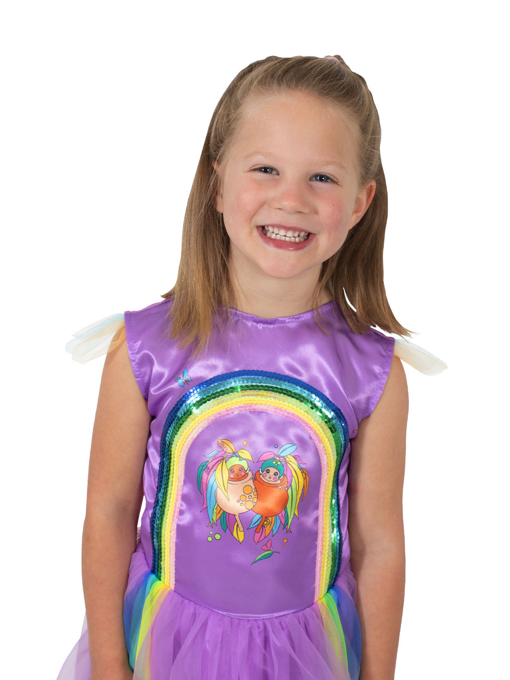 Close-up of the Kasey Rainbow dress's purple bodice with a printed gumnut baby and rainbow