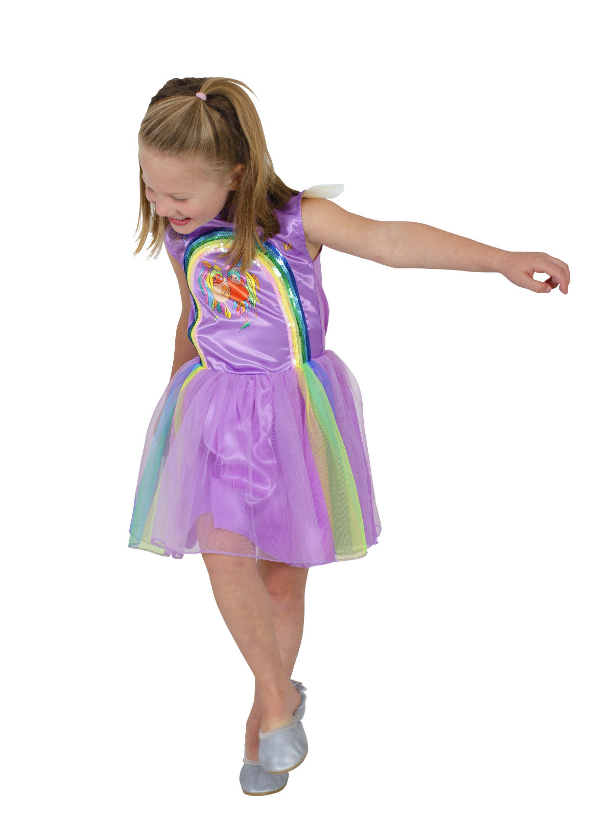 Girl twirling in the purple Gumnut Baby Kasey Rainbow tutu dress with pastel tulle layers