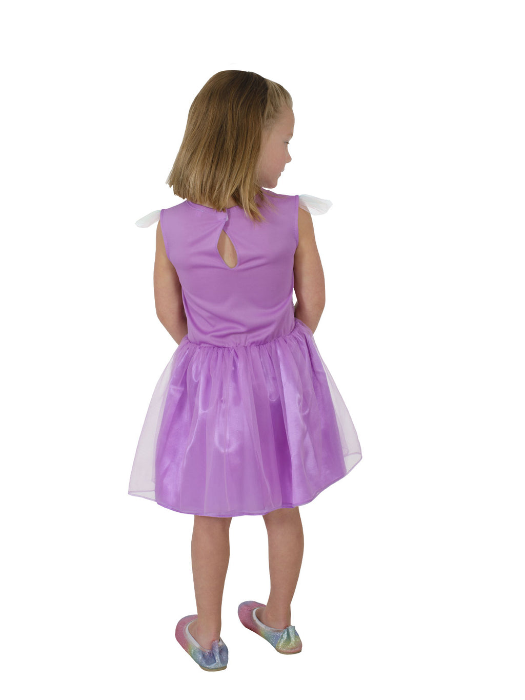 Back view of the purple Gumnut Baby Kasey Rainbow tutu dress