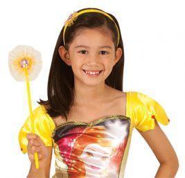 Girl in a Belle dress with the glitter headband and a star-topped wand