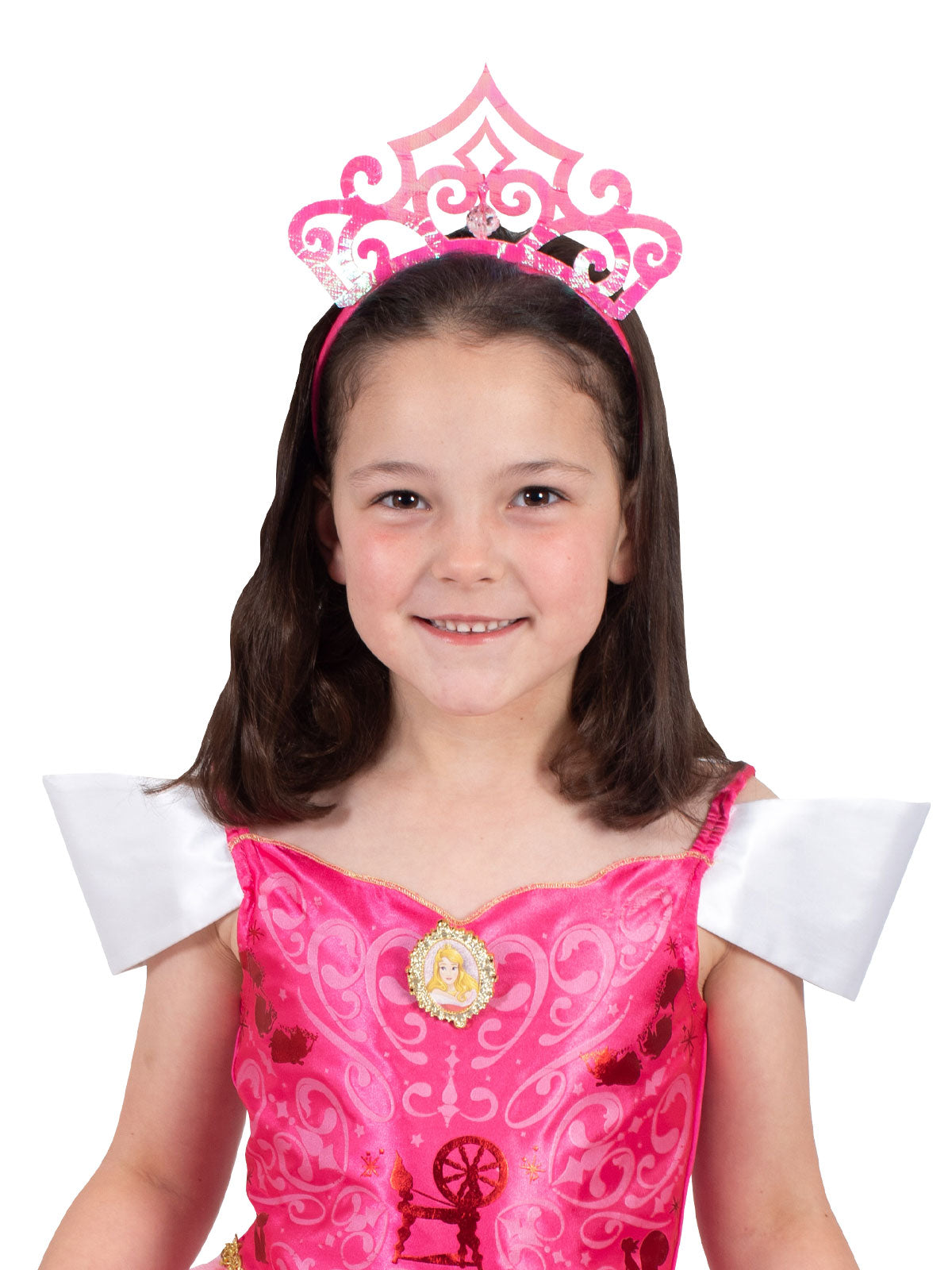 Girl wearing the pink iridescent Aurora tiara