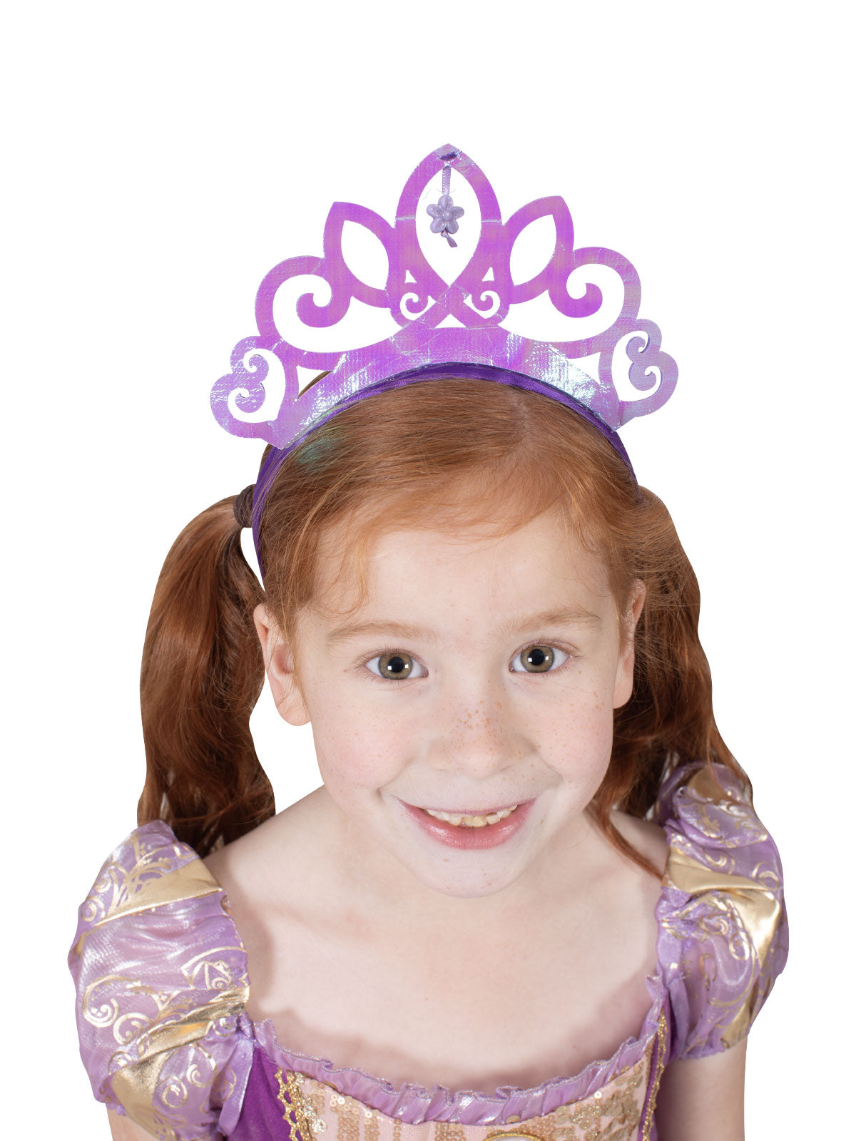 Girl wearing the purple iridescent Rapunzel tiara with a flower centre