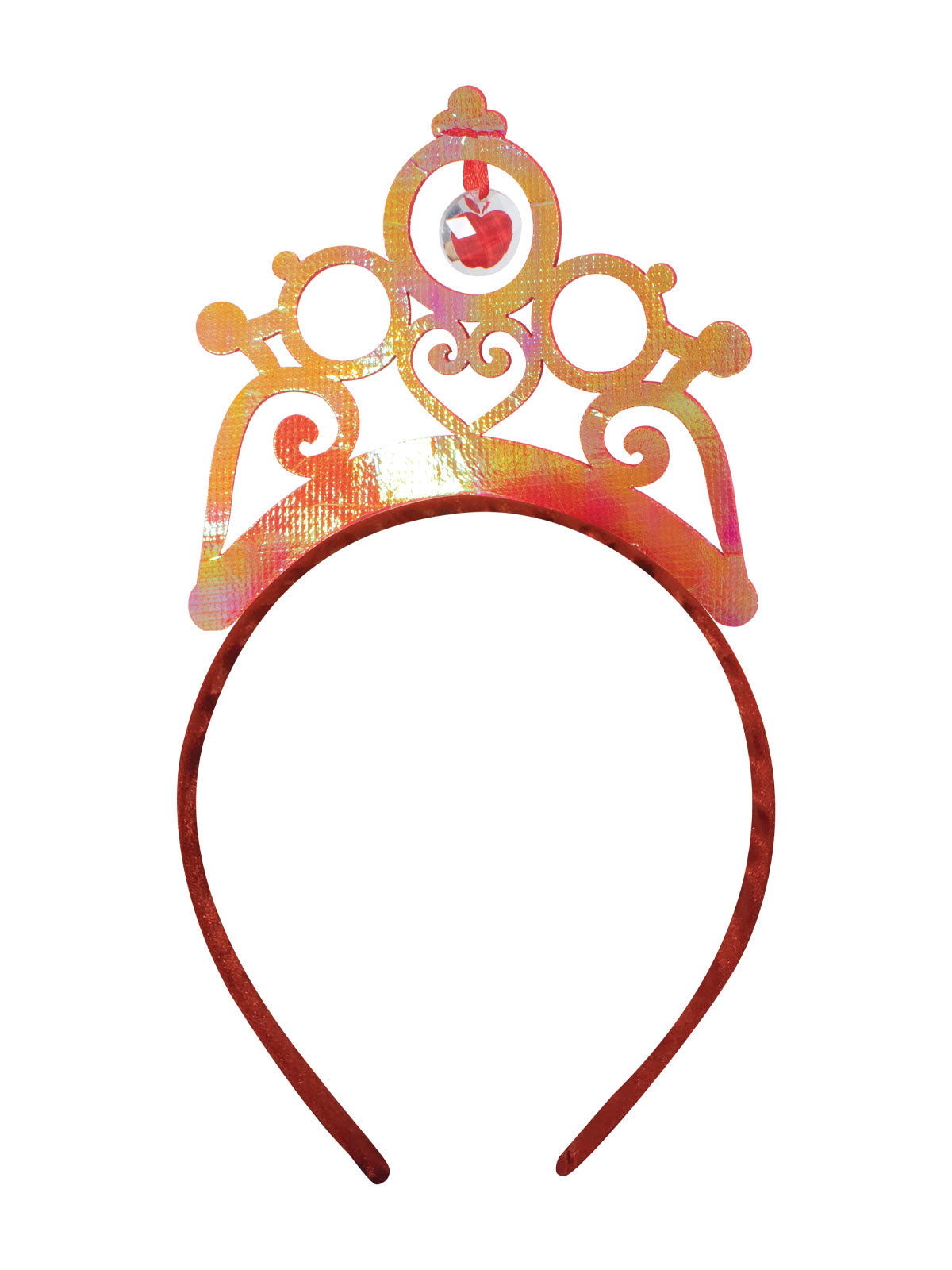 Snow White iridescent tiara with a red apple pendant on a red headband