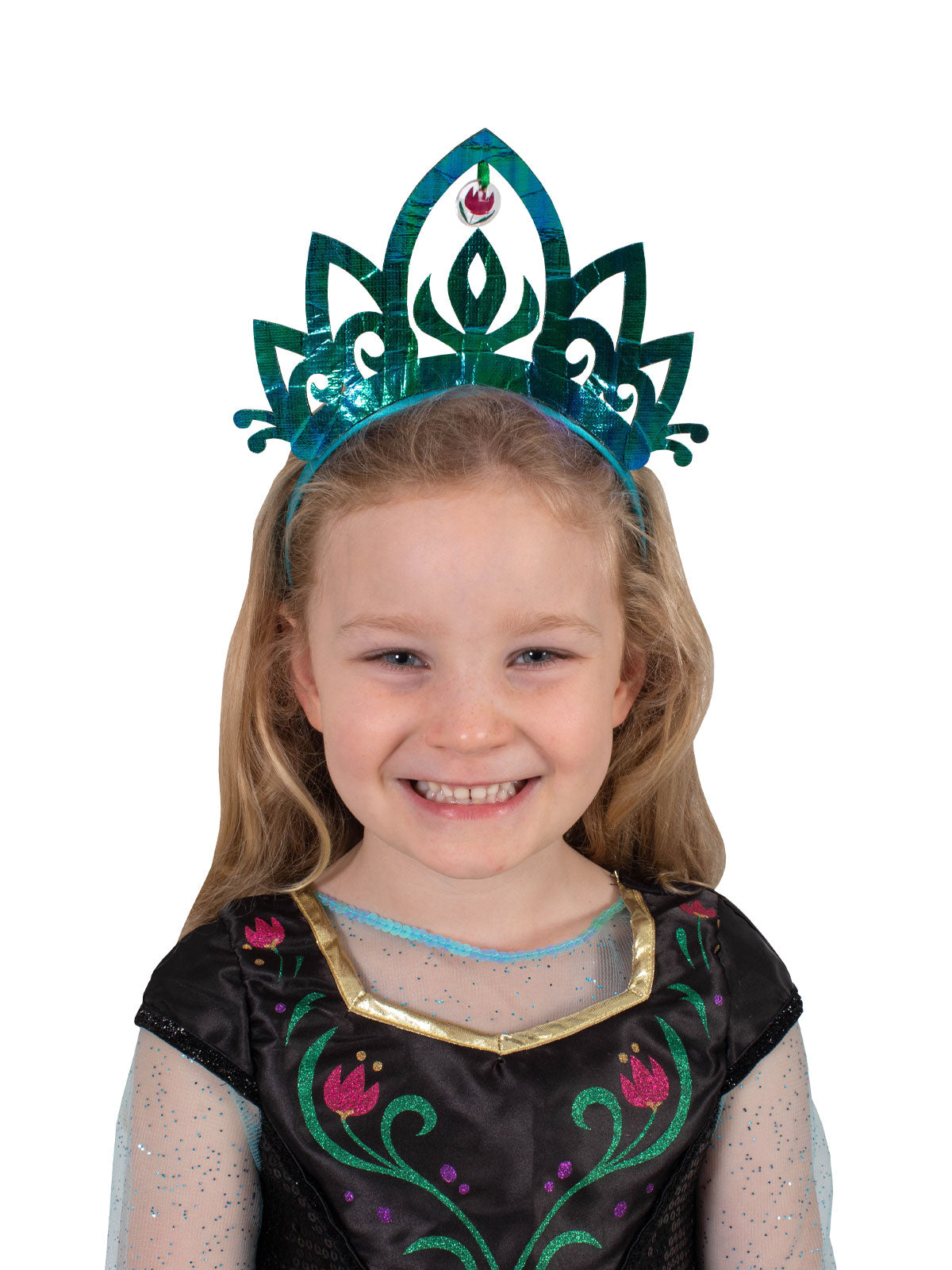 Girl wearing a teal iridescent Anna tiara