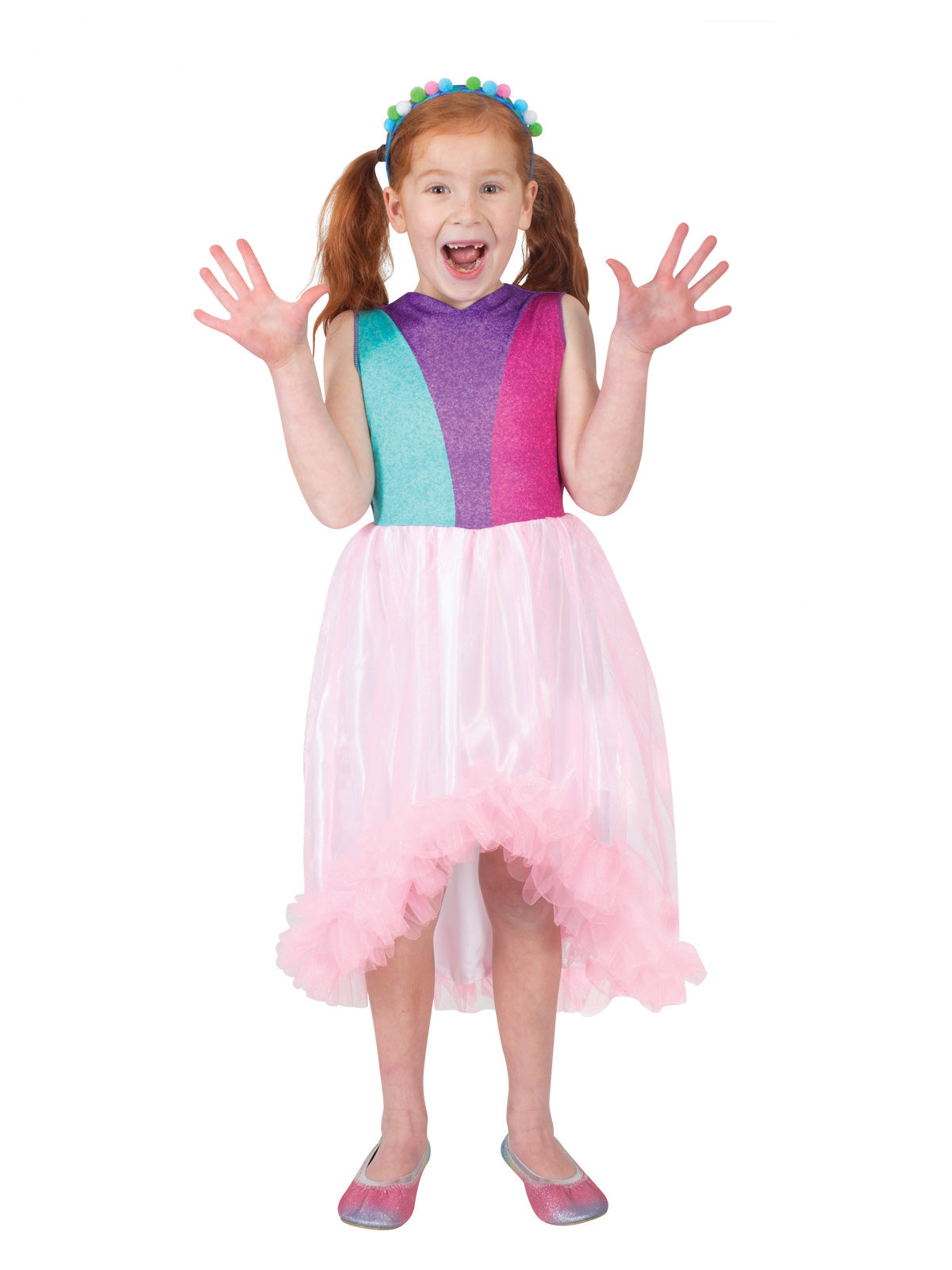 Girl wearing a Trolls Poppy bridesmaid dress with striped bodice, pink high-low skirt and pom pom headband