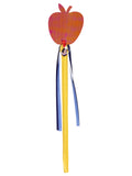 Snow White wand with a red apple tip, yellow shaft and blue ribbons