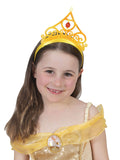 Girl wearing the gold iridescent Belle tiara with a red rose in the centre